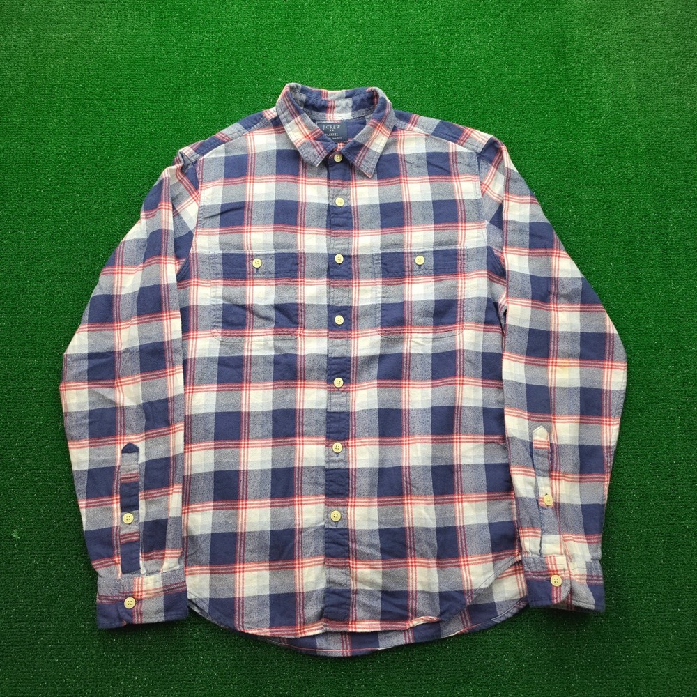 J Crew Flannel Shirt Mens Medium Blue Plaid Button Up Long Sleeve Work Wear